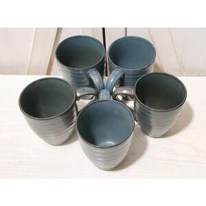 222 Fifth Studio Stoneware Midnight Blue Coffee Mugs Set of 5 w/Embossed Stripes